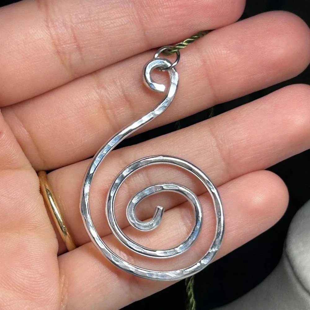 Spiral handmade wire necklace pendant boho earthy sage green fairycore cottage